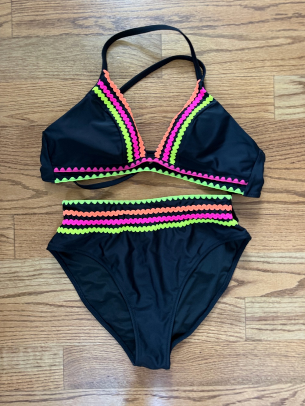 Ovi Black Girls Two-Piece Bikini with Neon Pink, Neon Orange & Neon Green Trim
